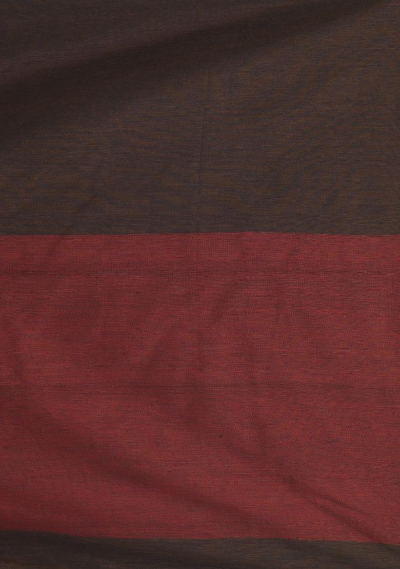 Chocolate Brown Solid Cotton Saree Set - Indya