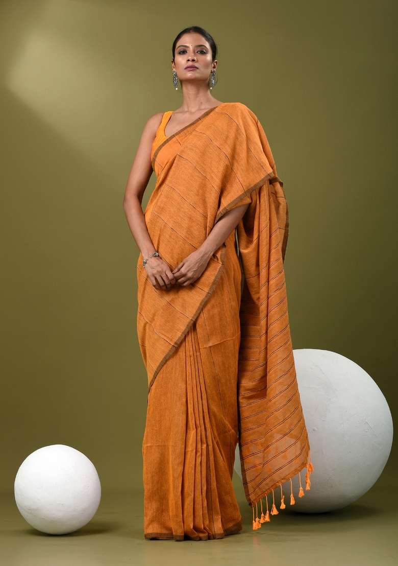 Mustard Yellow Striped Cotton Saree Set for Diwali | Wedding & Festive Wear - Indya