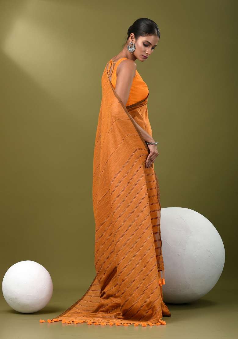 Mustard Yellow Striped Cotton Saree Set for Diwali | Wedding & Festive Wear - Indya
