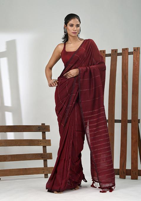 Maroon Striped Cotton Saree Set