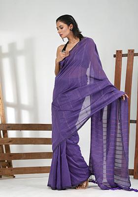 Violet Striped Cotton Saree Set