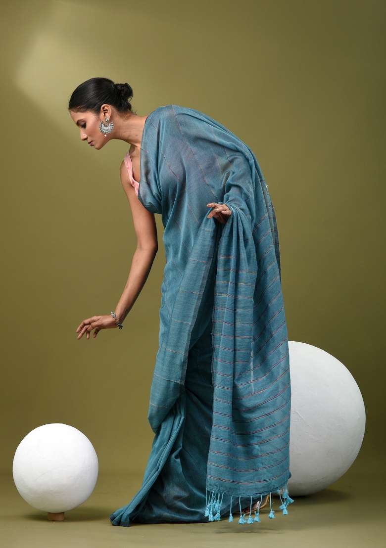 Sky Blue Striped Cotton Saree Set for Diwali | Wedding & Festive Wear - Indya