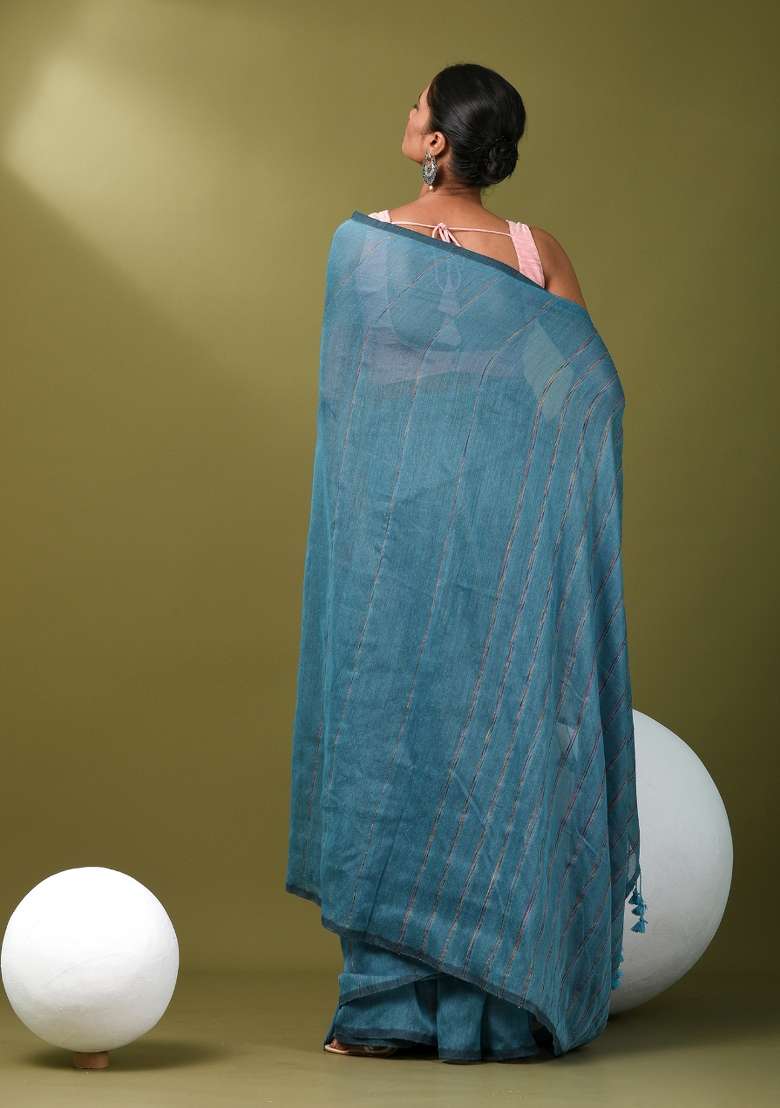 Sky Blue Striped Cotton Saree Set for Diwali | Wedding & Festive Wear - Indya