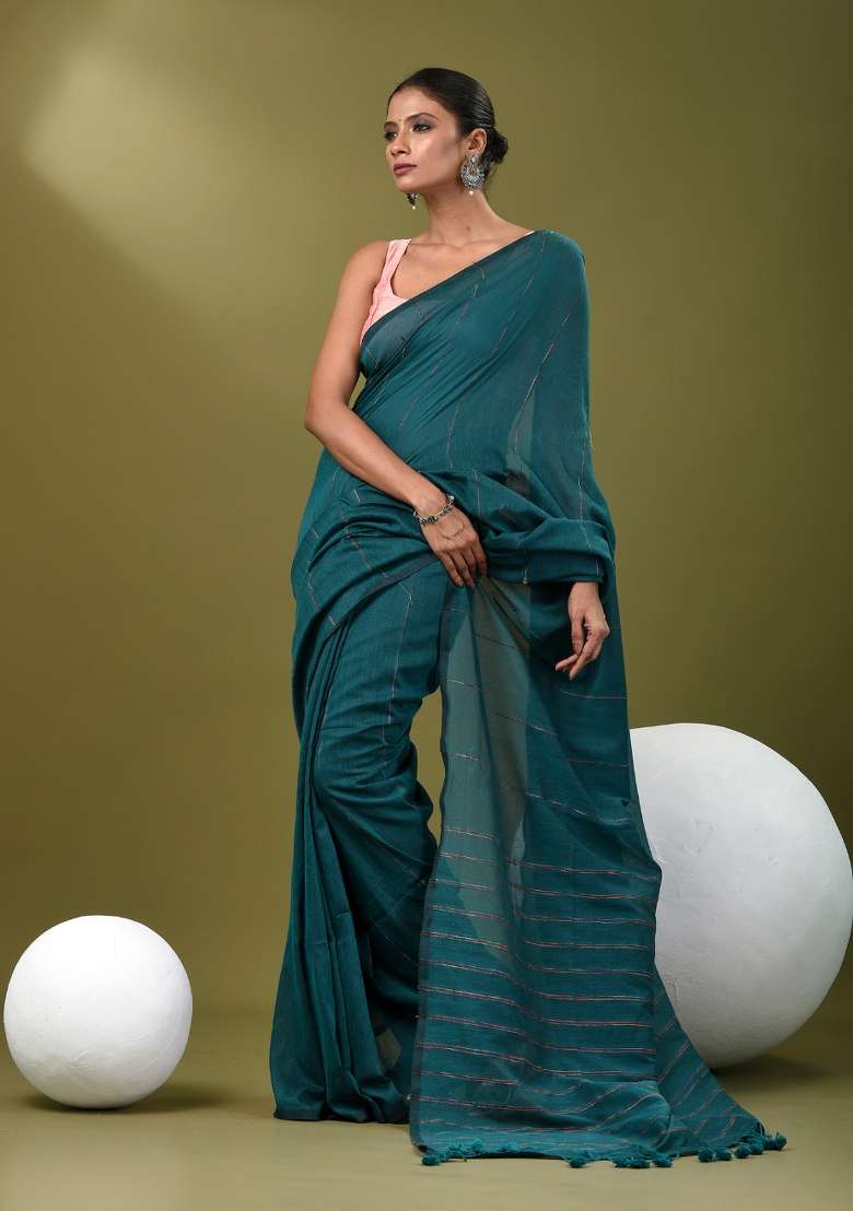 Teal Blue Striped Cotton Saree Set for Diwali | Wedding & Festive Wear - Indya