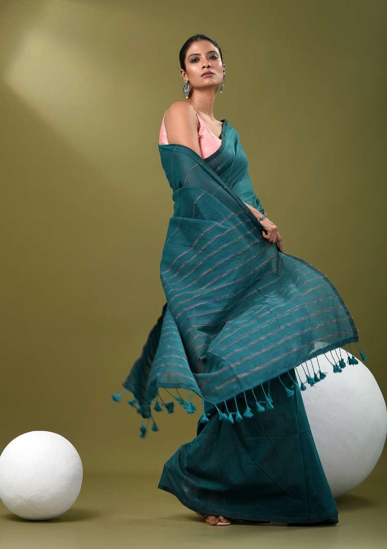 Teal Blue Striped Cotton Saree Set for Diwali | Wedding & Festive Wear - Indya