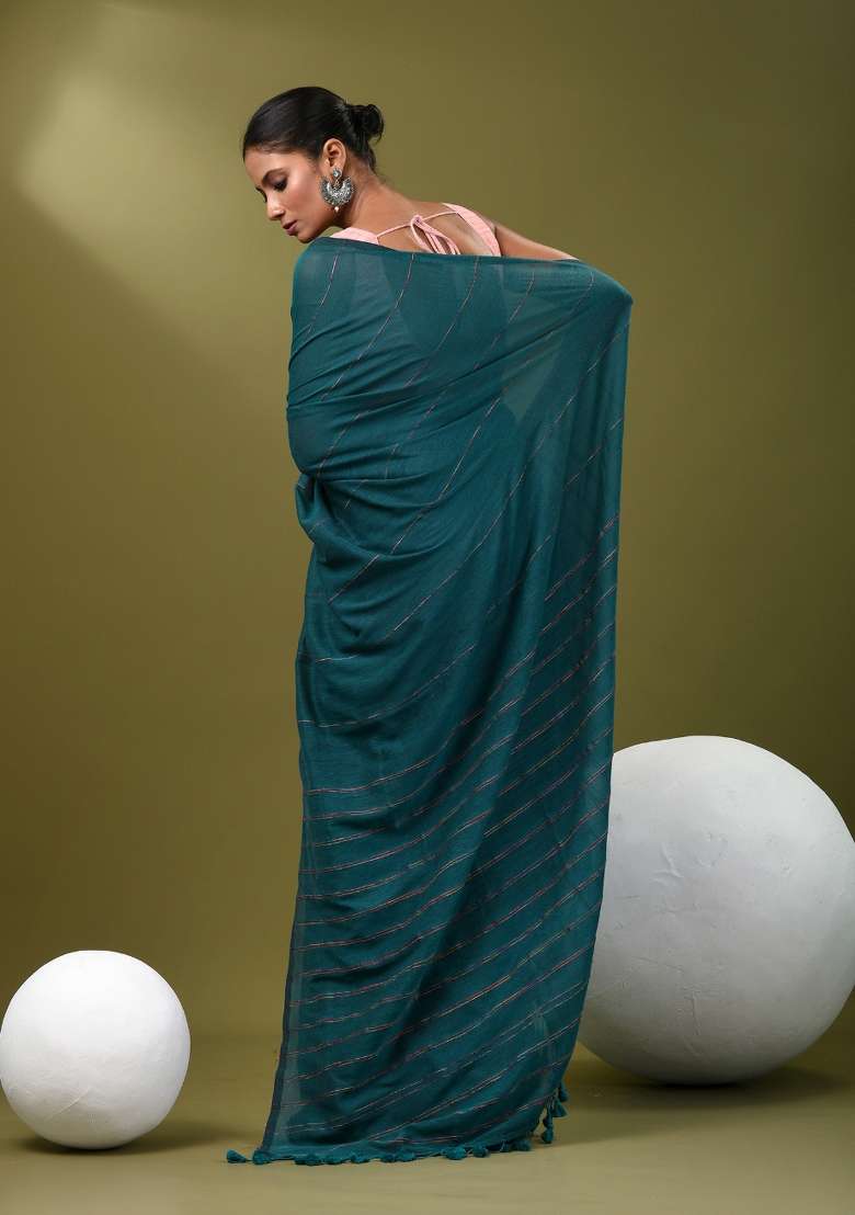 Teal Blue Striped Cotton Saree Set for Diwali | Wedding & Festive Wear - Indya
