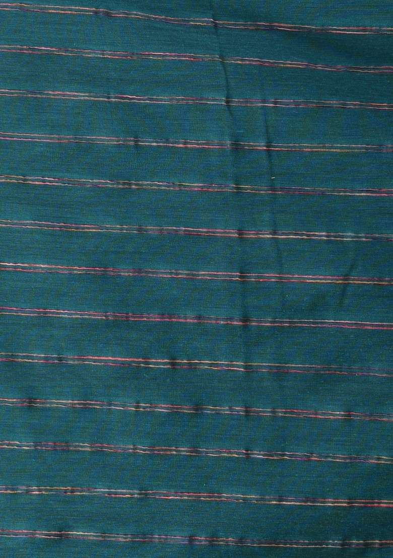 Teal Blue Striped Cotton Saree Set for Diwali | Wedding & Festive Wear - Indya