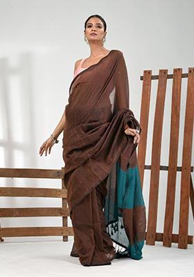 Brown Striped Cotton Saree Set