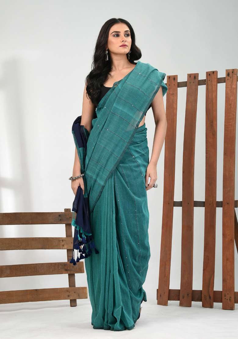 Teal Blue Striped Cotton Saree Set for Diwali and Festive Wear - Indya