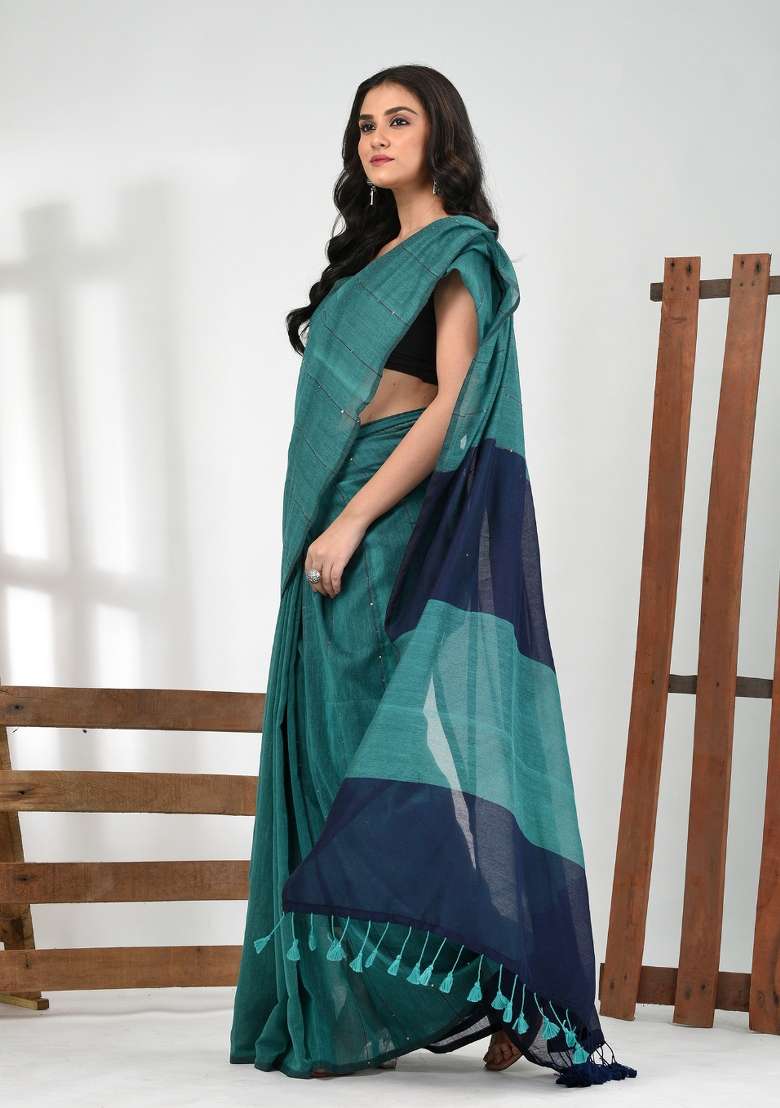 Teal Blue Striped Cotton Saree Set for Diwali and Festive Wear - Indya