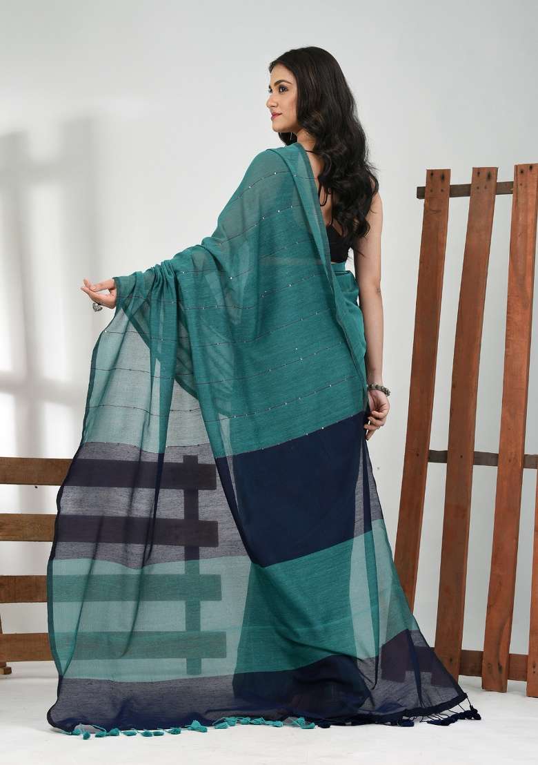 Teal Blue Striped Cotton Saree Set for Diwali and Festive Wear - Indya