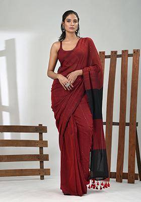 Dark Red Striped Cotton Saree Set