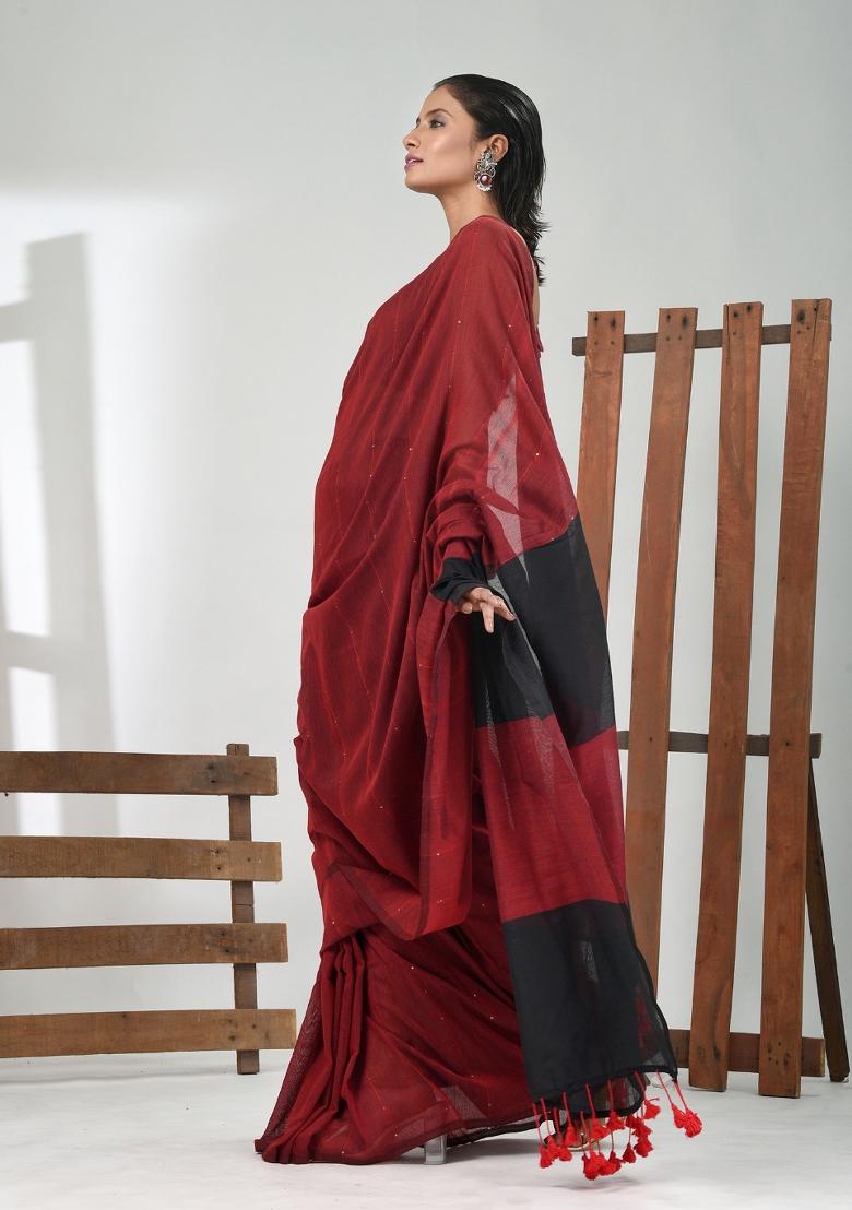 Dark Red Striped Cotton Saree Set - Indya