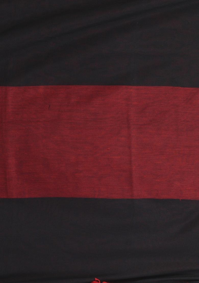 Dark Red Striped Cotton Saree Set - Indya