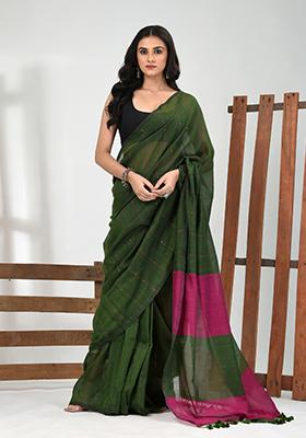 Green Striped Cotton Saree Set