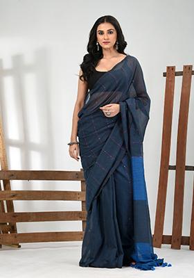 Aegean Blue Striped Cotton Saree Set