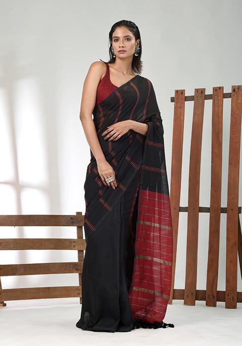 Black Striped Cotton Saree Set