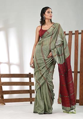 Mint Green Striped Cotton Saree Set