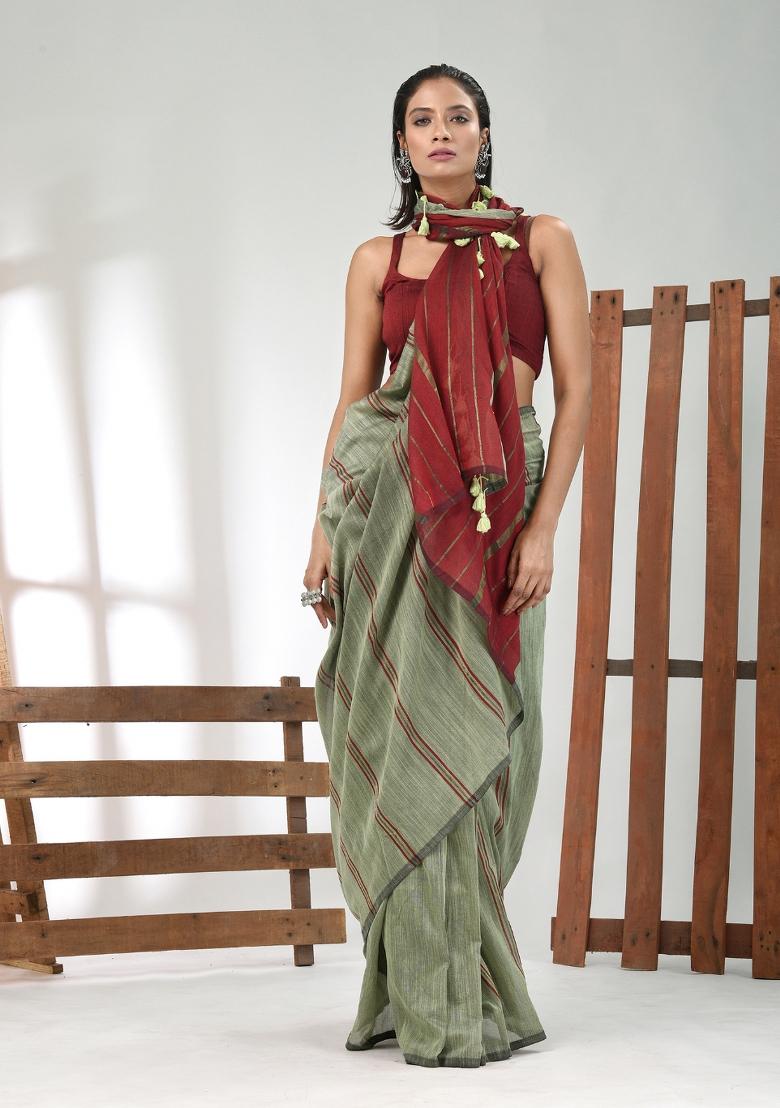 Mint Green Striped Cotton Saree Set - Indya