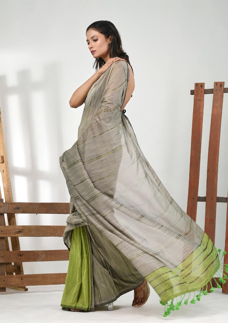 Ecru Striped Cotton Saree Set - Indya