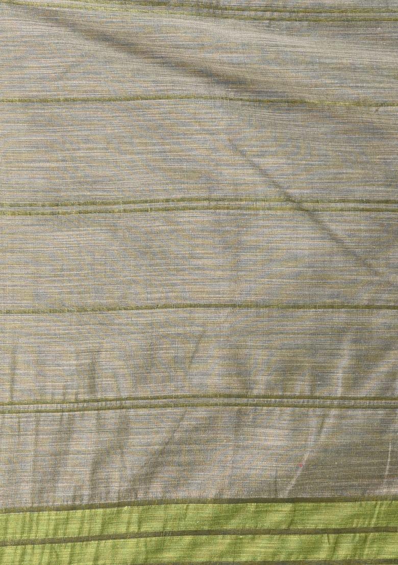 Ecru Striped Cotton Saree Set - Indya