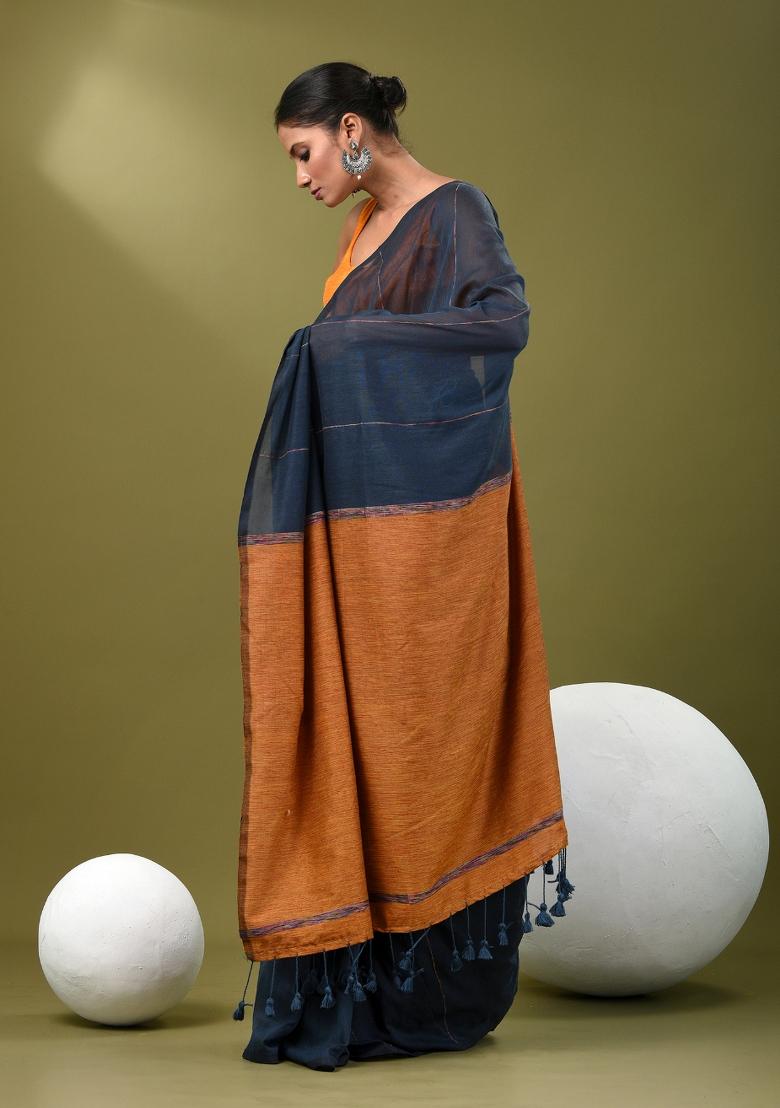 Aegean Blue Striped Cotton Saree Set - Indya