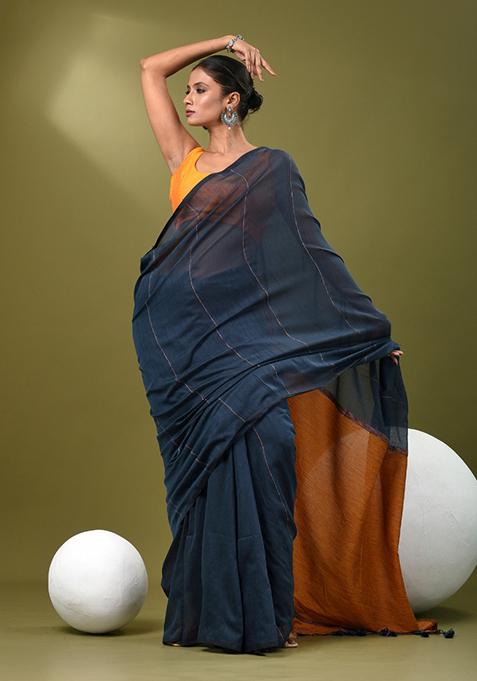 Aegean Blue Striped Cotton Saree Set