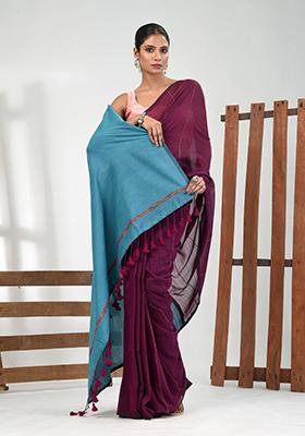 Purple Striped Cotton Saree Set