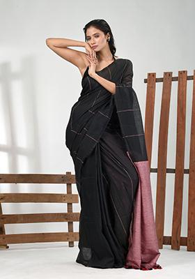 Black Striped Cotton Saree Set