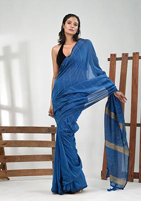 Sapphire Blue Striped Cotton Saree Set
