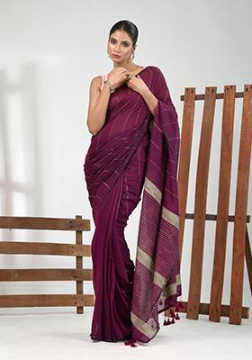 Purple Striped Cotton Saree Set