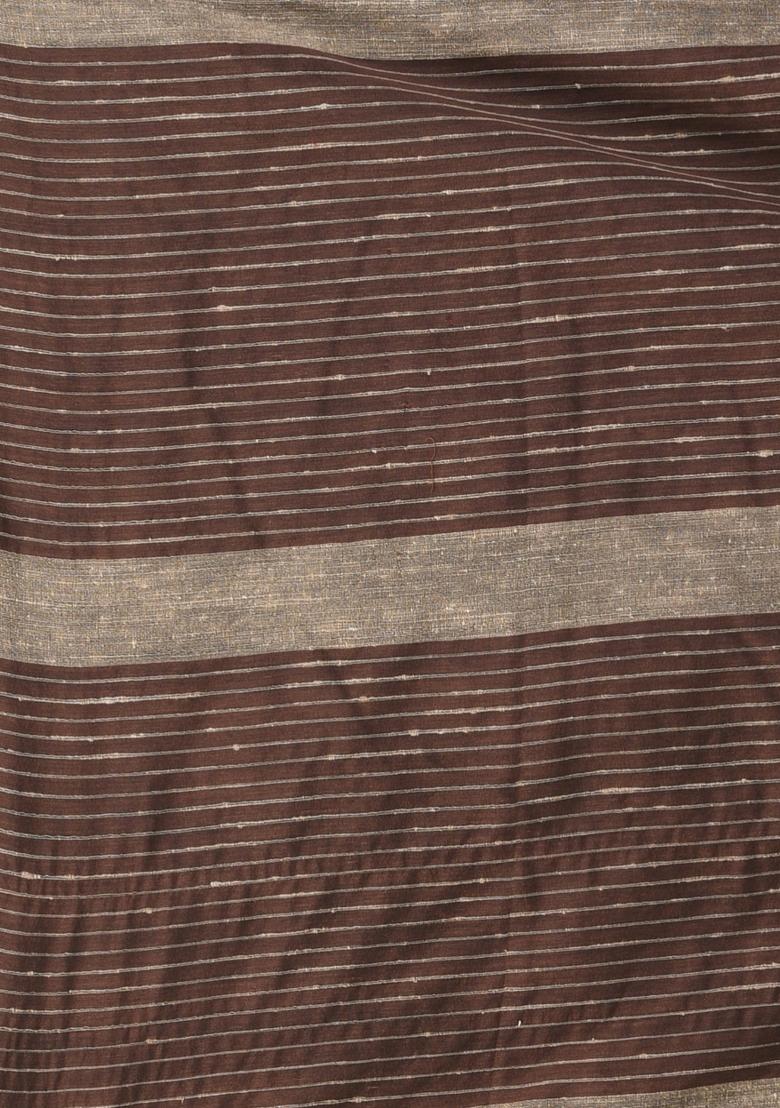 Brown Striped Cotton Saree Set - Indya