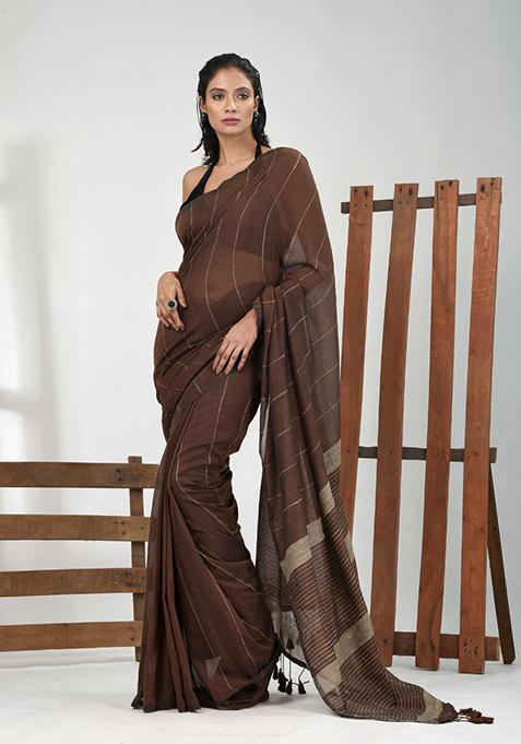Brown Striped Cotton Saree Set