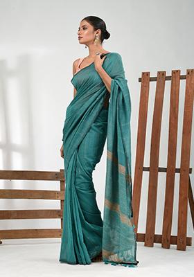 Turquoise Blue Striped Cotton Saree Set