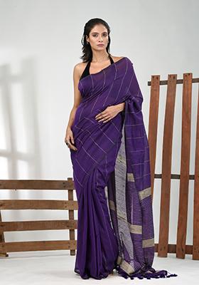 Violet Striped Cotton Saree Set