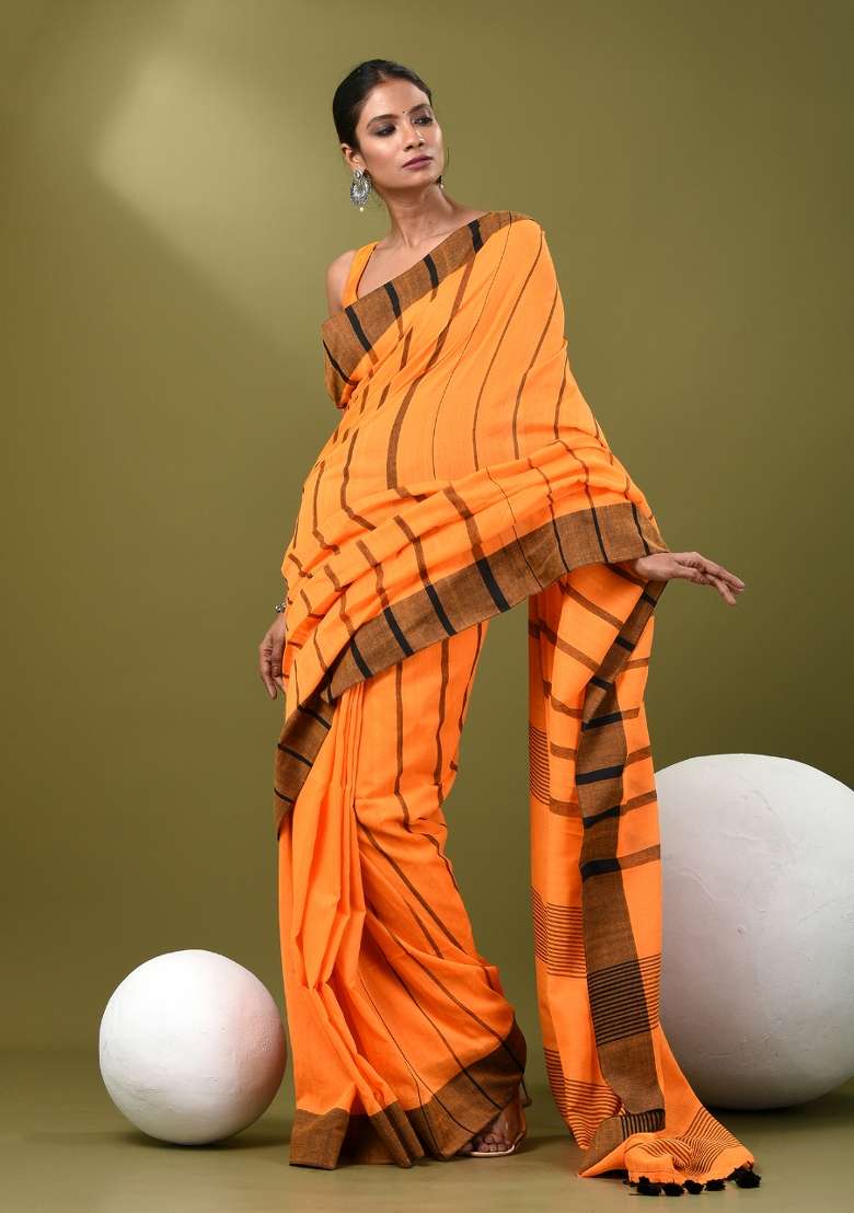Orange Striped Cotton Saree Set for Diwali | Wedding & Festive Wear - Indya