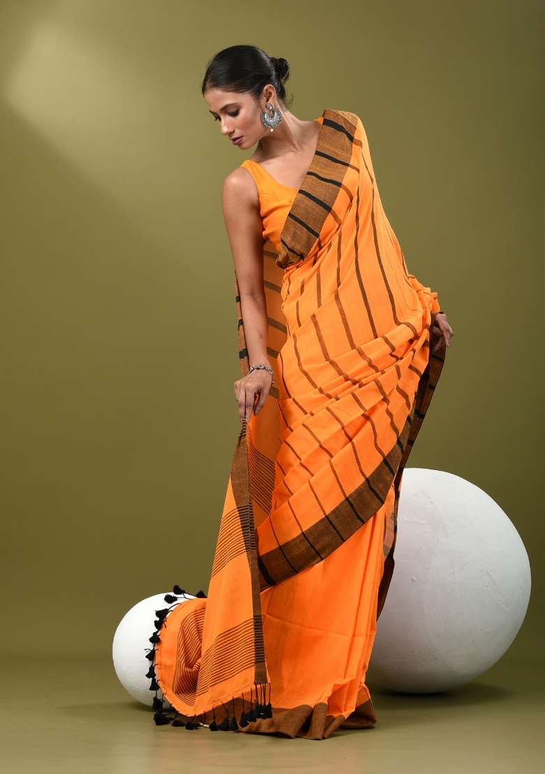 Orange Striped Cotton Saree Set for Diwali | Wedding & Festive Wear - Indya