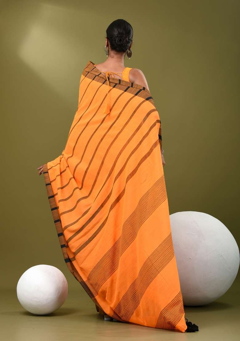 Orange Striped Cotton Saree Set for Diwali | Wedding & Festive Wear - Indya