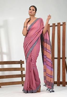 Carnation Pink Striped Cotton Saree Set