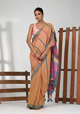 Honey Yellow Striped Cotton Saree Set