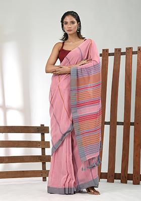 Pink Striped Cotton Saree Set