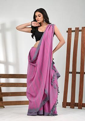 Pink Striped Cotton Saree Set