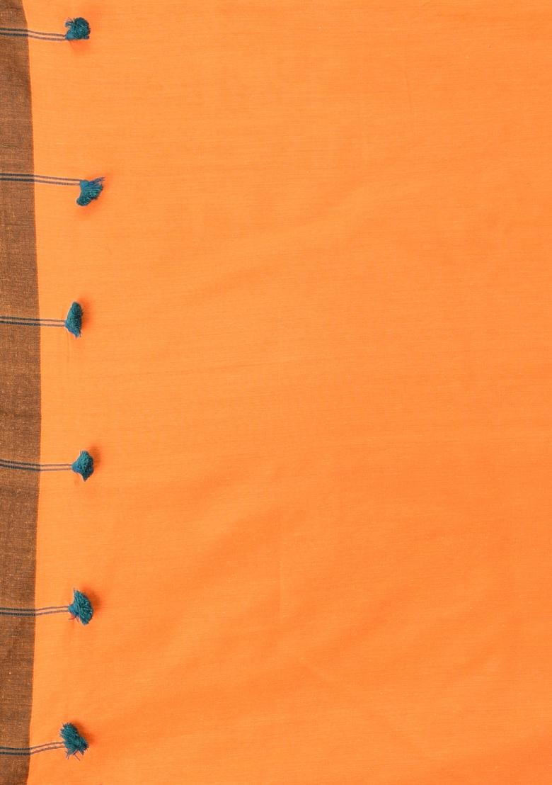 Orange Solid Cotton Saree Set - Indya