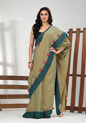 Laurel Green Solid Cotton Saree Set