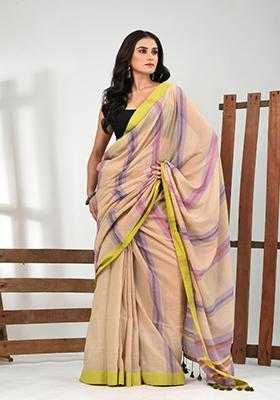 Beige Striped Cotton Saree Set