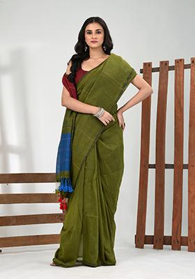 Green Striped Cotton Saree Set