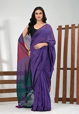 Violet Striped Cotton Saree Set