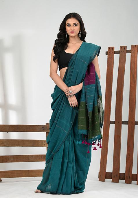 Teal Blue Striped Cotton Saree Set