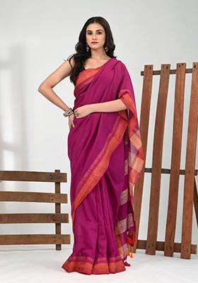 Magenta Solid Cotton Saree Set