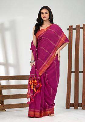 Magenta Solid Cotton Saree Set